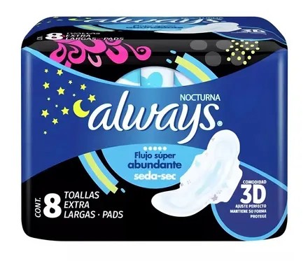 Always Nocturna Flujo Súper Abundante 8 Toallas Extra Largas